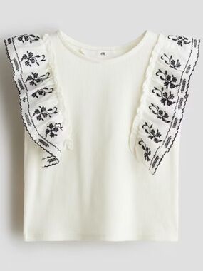 H&M Girls Short Sleeve Cream Top with Embroidered Flowers, Size L (8/10) NWT